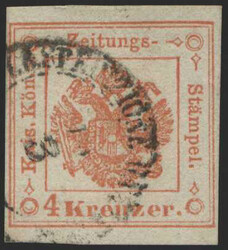 Lombardei & Venetien, 1858, 3 Ia, 4 kr., rot, Zeitungsstempelmarke, ...