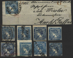 Österreich, 1851, blauer Merkur, 9 Werte, davon 2 ungebrauchte, ...