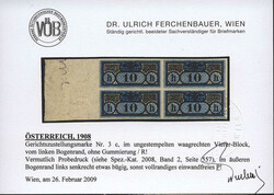 Österreich, 1908, Gerichtszustellungsmarke 2 PU (Viererblock), ...