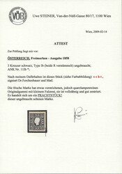 Österreich, 1858, 11 Iax, 3 kr, schwarz, beide R verstümmelt, ...