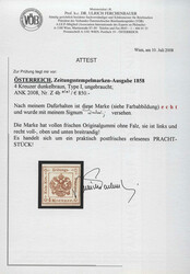 Österreich, 1858, 4 b, 4 kr., dunkelbraun, Zeitungsstempelmarke, ...