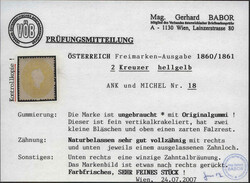 Österreich, 1861, 18 a, 2 kr, gelb, Kaiser Franz Joseph, ungebraucht ...