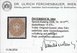 Österreich, 1863/64, 34 b, 15 kr, dunkelbraun, Doppeladler, KZ 9 1/2 ...
