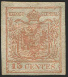 Lombardei & Venetien, 1850, 3 M III, 15 cts, rosa, Maschinenpapier, ...