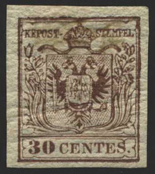 Lombardei & Venetien, 1850, 4 H III, 30 cts, schokobraun, Handpapier, ...