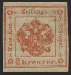 Lombardei & Venetien, 1858, 2 II, 2 kr., rot, Zeitungsstempelmarke, ...