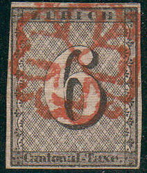 ZÜRICH, 1843, Zürich 6 mit waagrechten Untergrundlinien, allseit ...