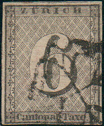 ZÜRICH, 1843, Zürich 6 mit waagrechten Untergrundlinien, allseits ...