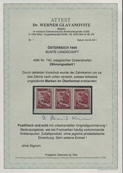 Österreich, 1945/47, 740, 5 Gr. rot, Bunte Landschaft, 3er Streifen ...