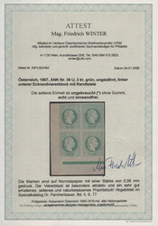 Österreich, 1867, 36 U, 3 kr, grün, ungezähnt im linken unteren ...
