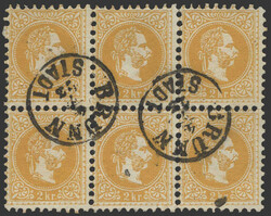 Österreich, 1867, 35 I e, waagrechter SECHSERBLOCK mit zwei klaren ...