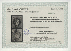 Österreich, 1867, 36 PUDD, 3 Kreuzer Bogenprobe in Schwarz mit ...