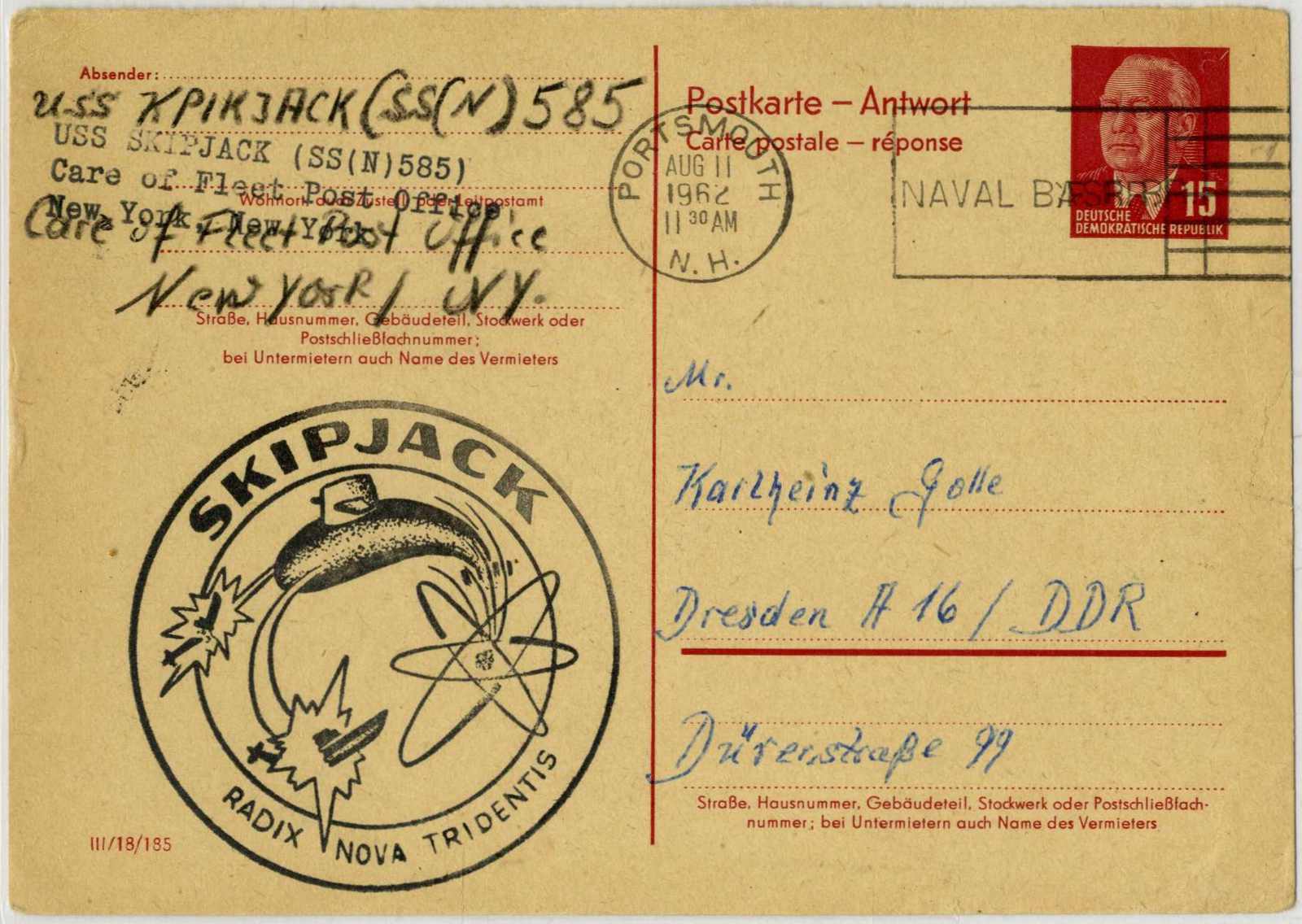 Antwort-GA-Karte "Pieck" zurück aus den USA mit Cachet-Stpl. vom ...