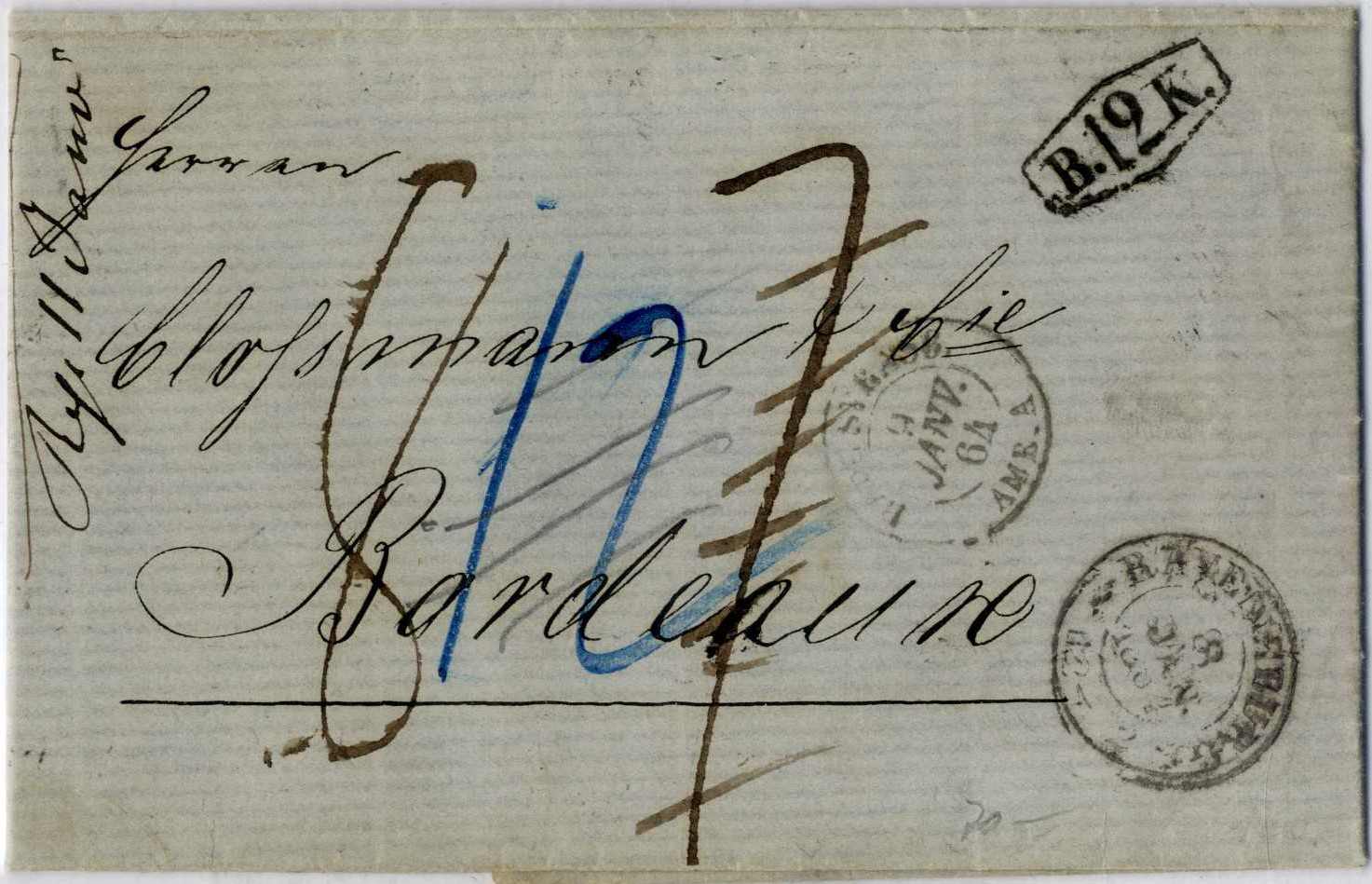 feiner Brief von Ravensburg nach Bordeaux mit div. Taxierungen, 1864 ...