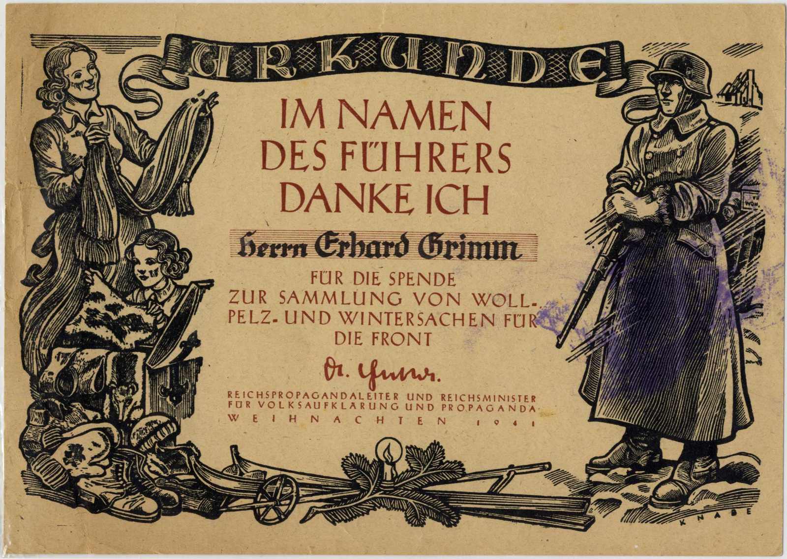 "Woll-, Pelz- und Wintersachen-Sammlung 1941": illustrierte Urkunde, ...