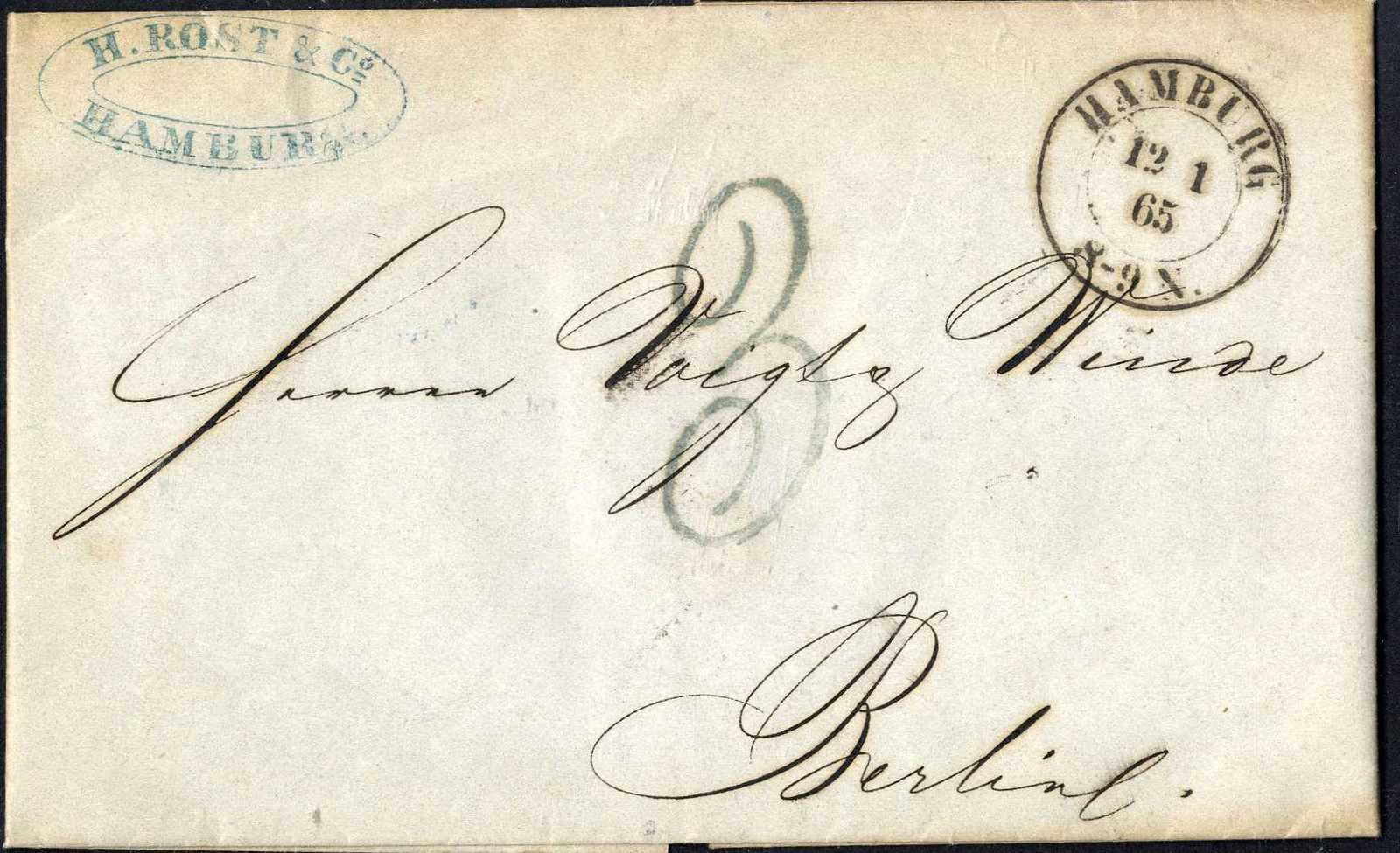 Prachtbrief Preußisches Postamt mit blauem Tax-Stempel 3 12.1.1865 ...