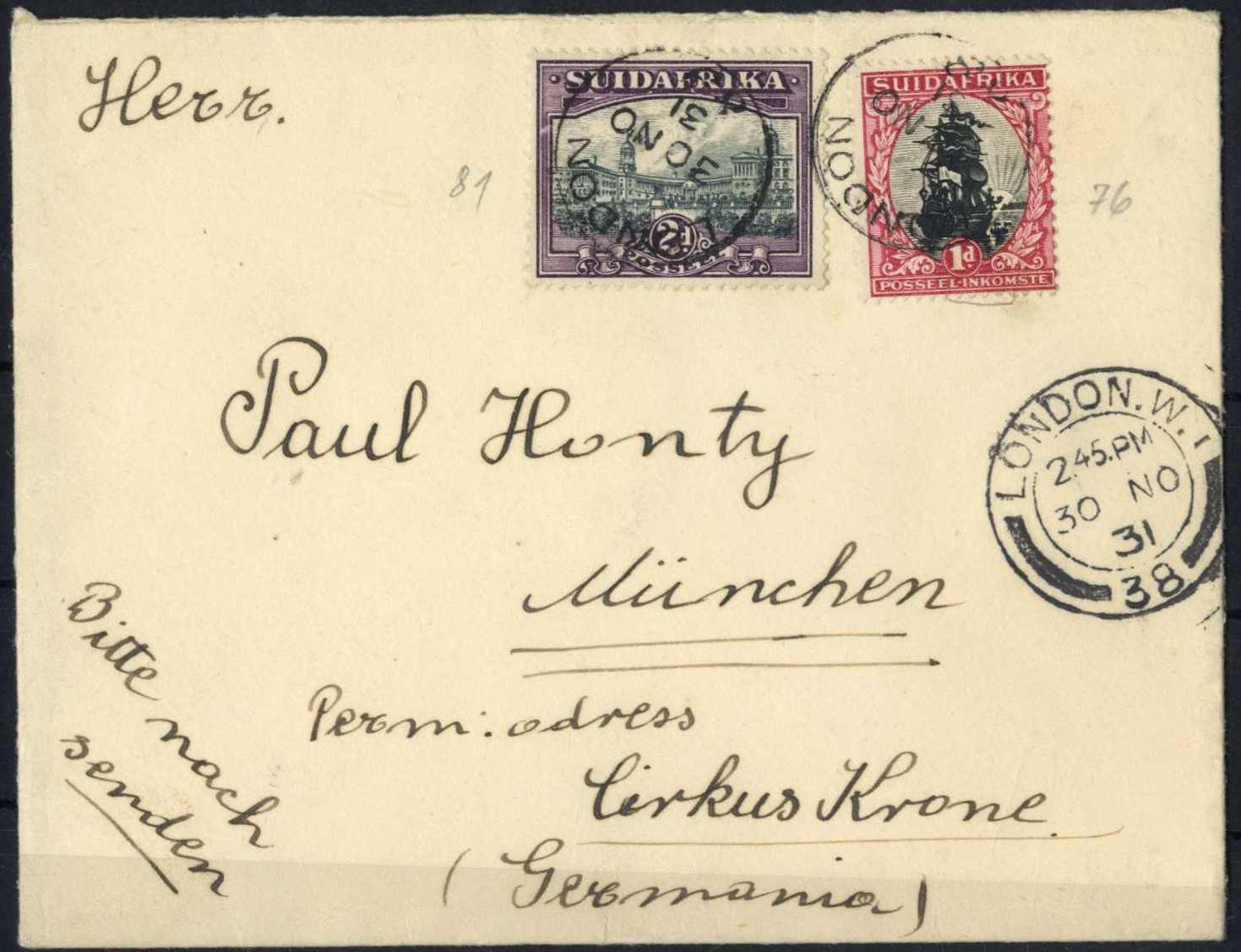 Brief mit Südafrika-Frankatur der Union-Castle-Line abgestempelt in ...