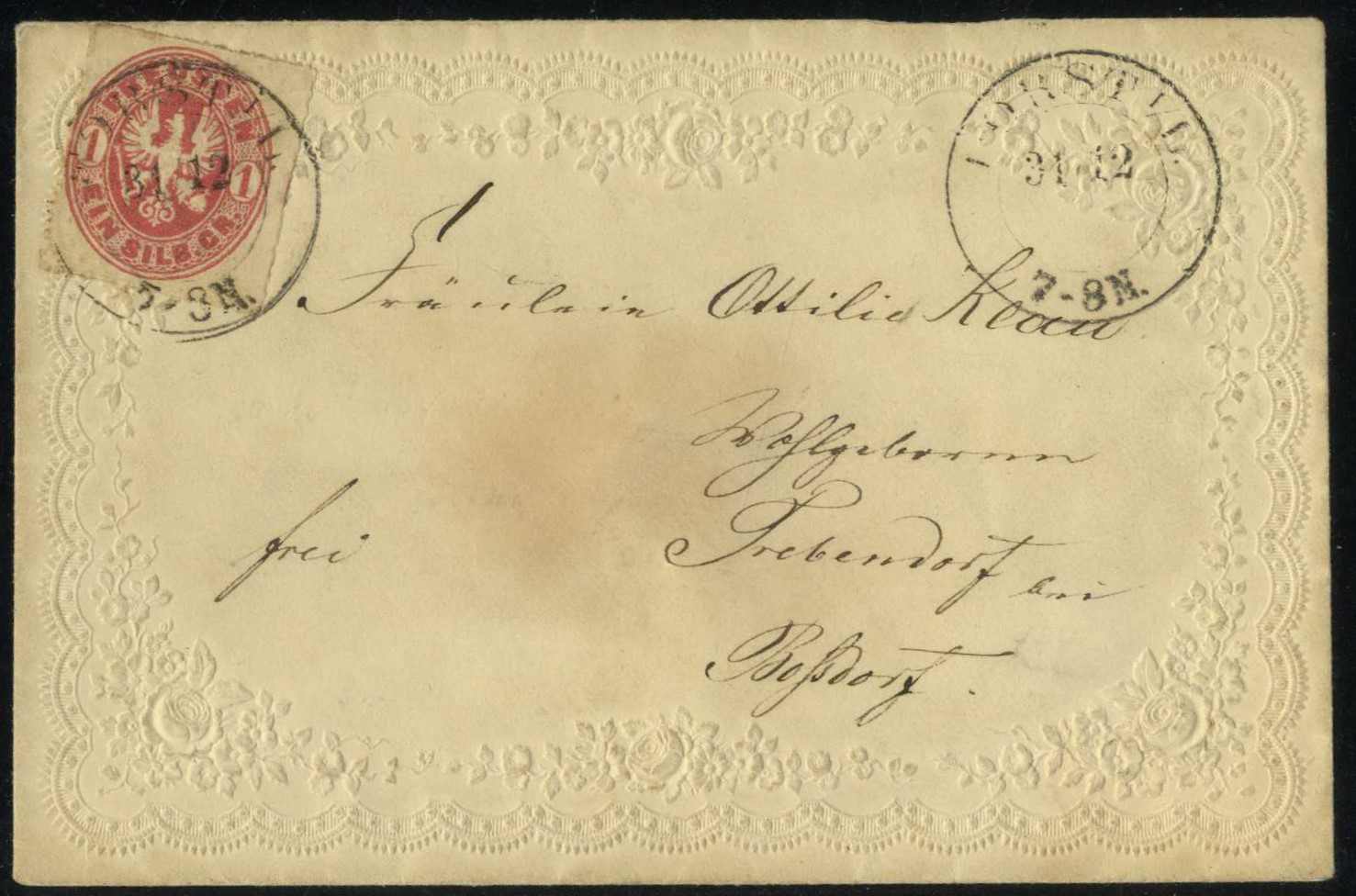 EF auf schönem Schmuckbrief mit geprägter Bordüre, K2 Forst i.L. ...