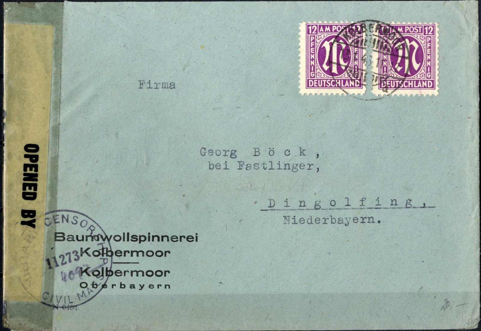 MeF auf Zensurbrief aus Kolbermoor nach Dingolfing ...