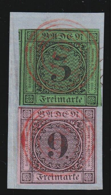 9 Kr. a. lilarosa und 3 Kr. a. grün, gut geschnitten auf dek. ...