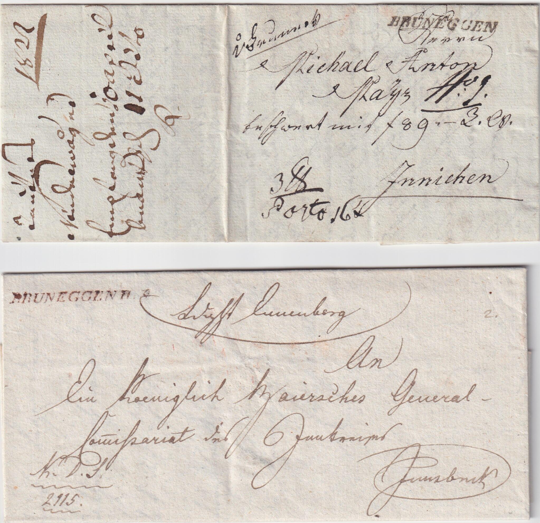 1813, BRUNEGGEN R.4., seltener dunkelroter L1 klar auf Kabinettbrief ...