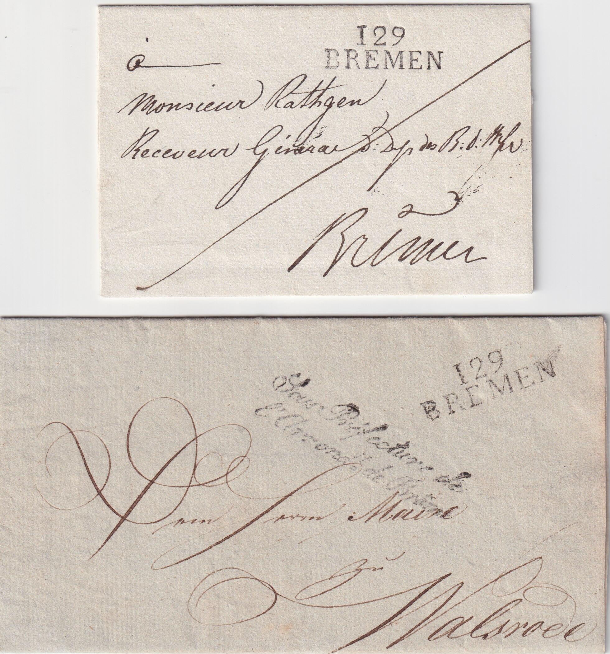 1813, 129 BREMEN, kleiner und großer L2 auf zwei Kabinettbriefen ...