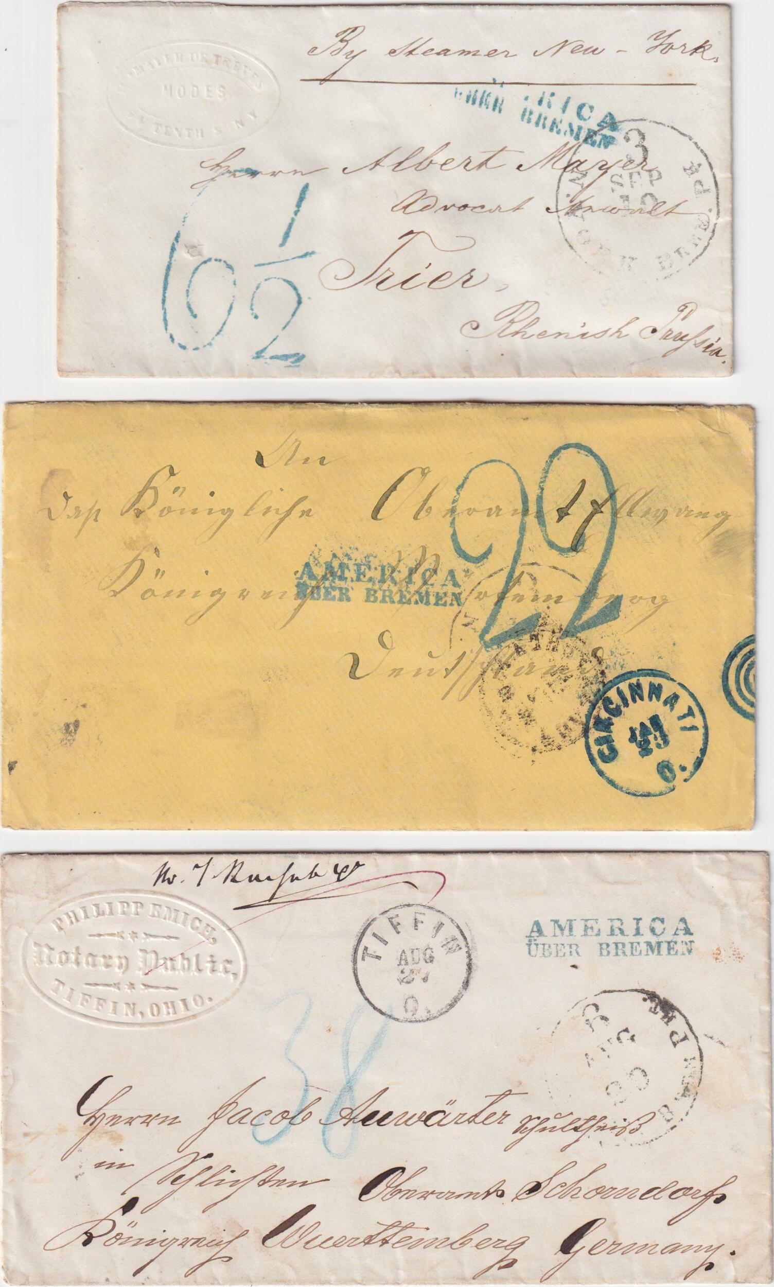 1865-1867, AMERICA ÜBER BREMEN, je blauer L2 (mit zweimal Taxstempel ...