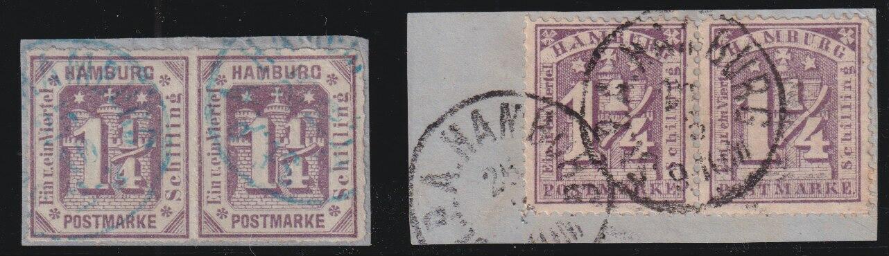 1 1/4 Sch. grauviolett, zwei waagr. Paare auf Pracht-Briefstücken  ...