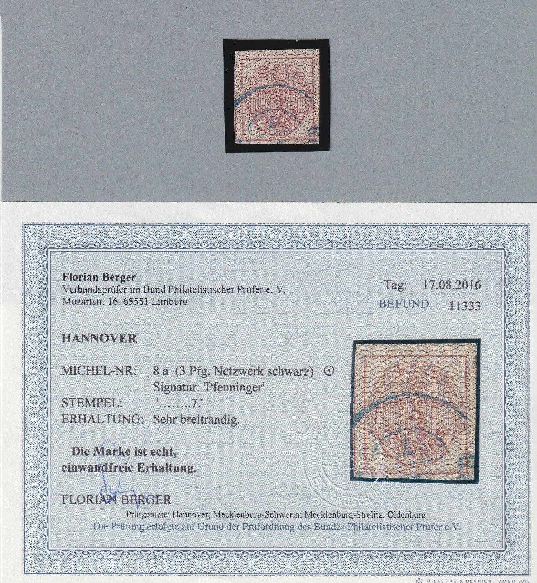 3 Pfg. karmin, seitlich Nebenmarke, breitrandiges, sauber ...