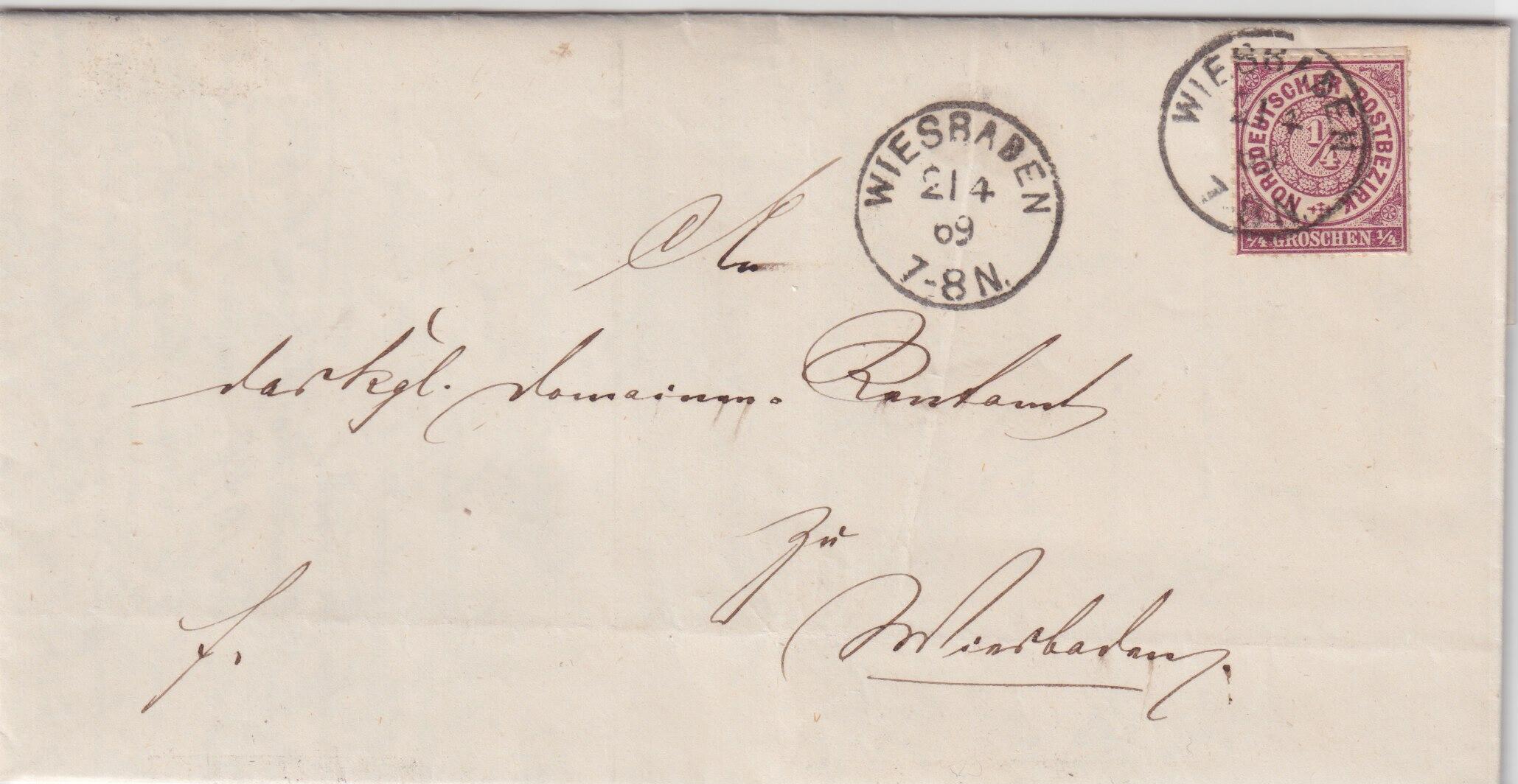 1/4 Gr. violett, einzeln auf Luxus-Ortsbrief mit K1 WIESBADEN  ...