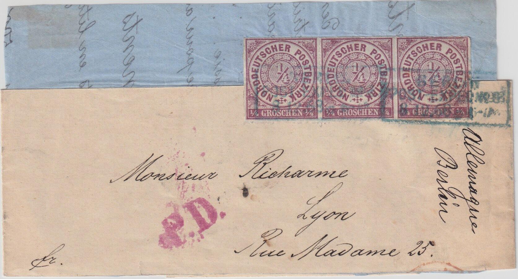 1/4 Gr. violett, waagr. Pracht-Dreierstreifen mit blauem R3 von ...