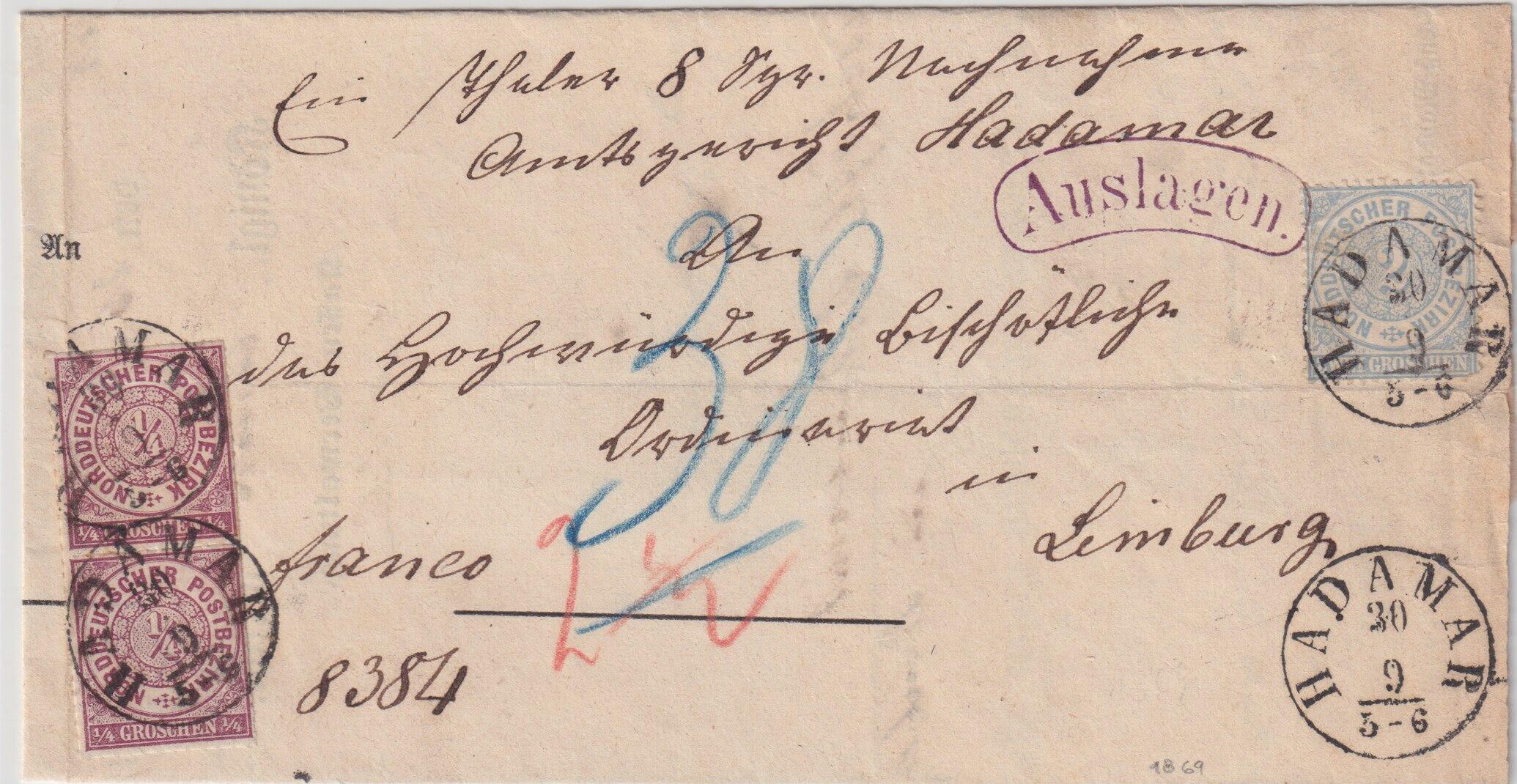 1/4 Gr. violett, senkr. Paar (kl. Druckspur) nebst 2 Gr. ultramarin ...