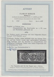 3 Pfg. karminrosa, voll- bis breitrandiger waagr. Rand-Dreierstreifen ...