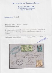 5 C. grün (2), 10 C. ocker sowie Napoleon 20 C. blau (Taxstempel ...