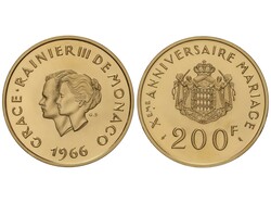 200 Francs. 1966. 31,96 grs. AU (920). 10 Aniversario de Bodas Grace ...