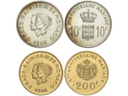 Serie 2 monedas 10 y 200 Francs. 1966. RAINIER III. 31,95 grs. AU ...