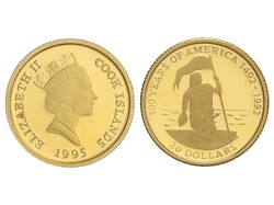 20 Dollars. 1995. 1,24 grs. AU (999). Descubrimiento de América: ...