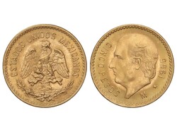 5 Pesos. 1955. 4,16 grs. AU (900). Hidalgo. Reacuñación oficial ...