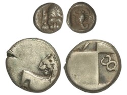 Lote 2 monedas Hemidracma y Hemiobolo. CHERRONESOS. TRACIA y CARIA. ...