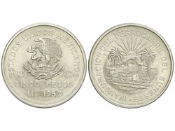 5 Pesos. 1950. 27,80 grs. AR. Inauguración del Ferrocarril del ...