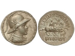 Tetradracma. 170-145 a.C. EUKRATIDES I. BACTRIA. Anv.: Busto con ...