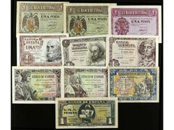 Lote 10 billetes 1 Peseta. 1937 a 1953. A EXAMINAR. Ed-425a, 427, 428 ...