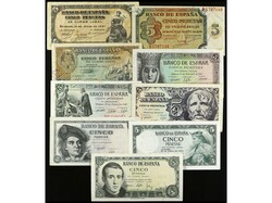 Lote 9 billetes 5 Pesetas. 1937 a 1954. A EXAMINAR. Ed-424a, 435b, ...