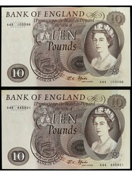 Lote 2 billetes 10 Pounds. GRAN BRETAÑA. Pick-376b. MBC+.