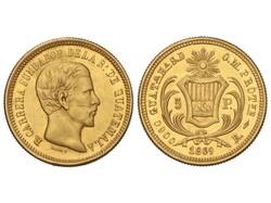 5 Pesos. 1869. 8,06 grs. AU (900). Rafael Carrera. (Raya en mejilla y ...