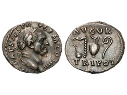 Denario. 72-73 d.C. VESPASIANO. Anv.: IMP CAES VESP AVG P M COS IIII. ...