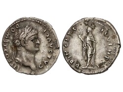 Denario. 75 d.C. DOMICIANO. Anv.: CAES. AVG. F. DOMIT. COS. III. ...