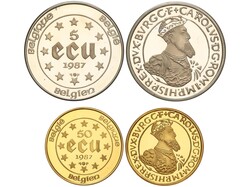 Set 2 monedas 5 y 50 Ecu. 1987. 17,20 (AU) grs. AU (900),AR. Carlos V ...
