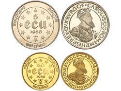 Set 2 monedas 5 y 50 Ecu. 1988. 17,20 (AU) grs. AU (900),AR. Carlos V ...