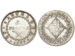 5 Pesetas. 1809. BARCELONA. 26,76 grs. (Limpiada). AC-45. MBC+.